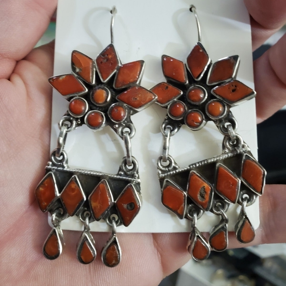 Sterling coral long dangle earrings! Stamped 925 and tested sterling silver. Vin